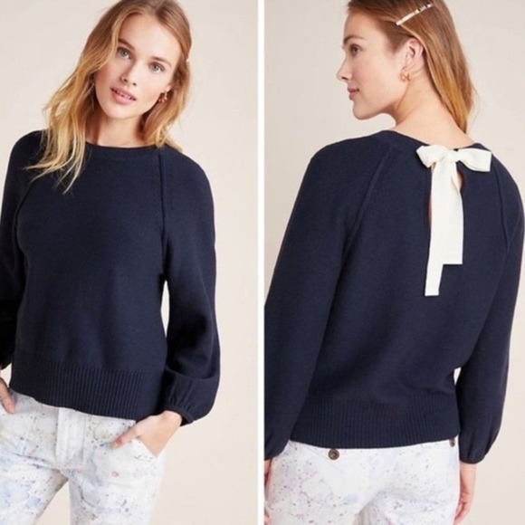 Anthropologie Women's Navy Emily Puff Sleeve Pullover Bow Back Sweater XS NEW